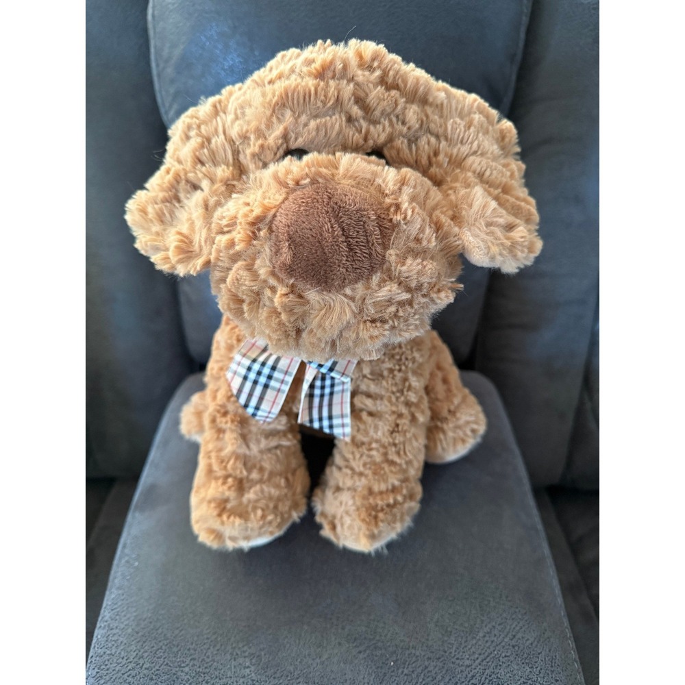 burton + BURTON Brown Puppy Dog Plush Stuffed Animal with Plaid Ribbon